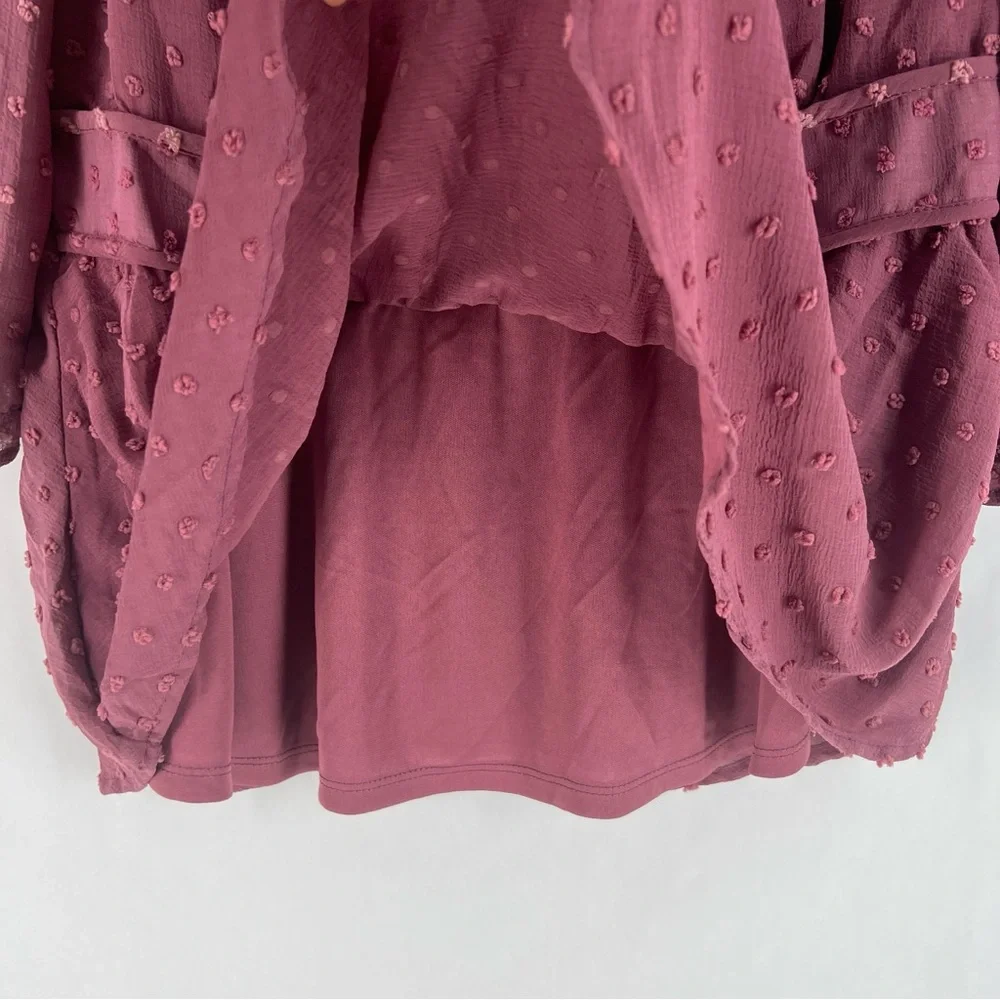 Monteau‎ Purple Sheer Swiss Dot Ruffle Neck 3/4 Sleeve Peplum Blouse NWT XL